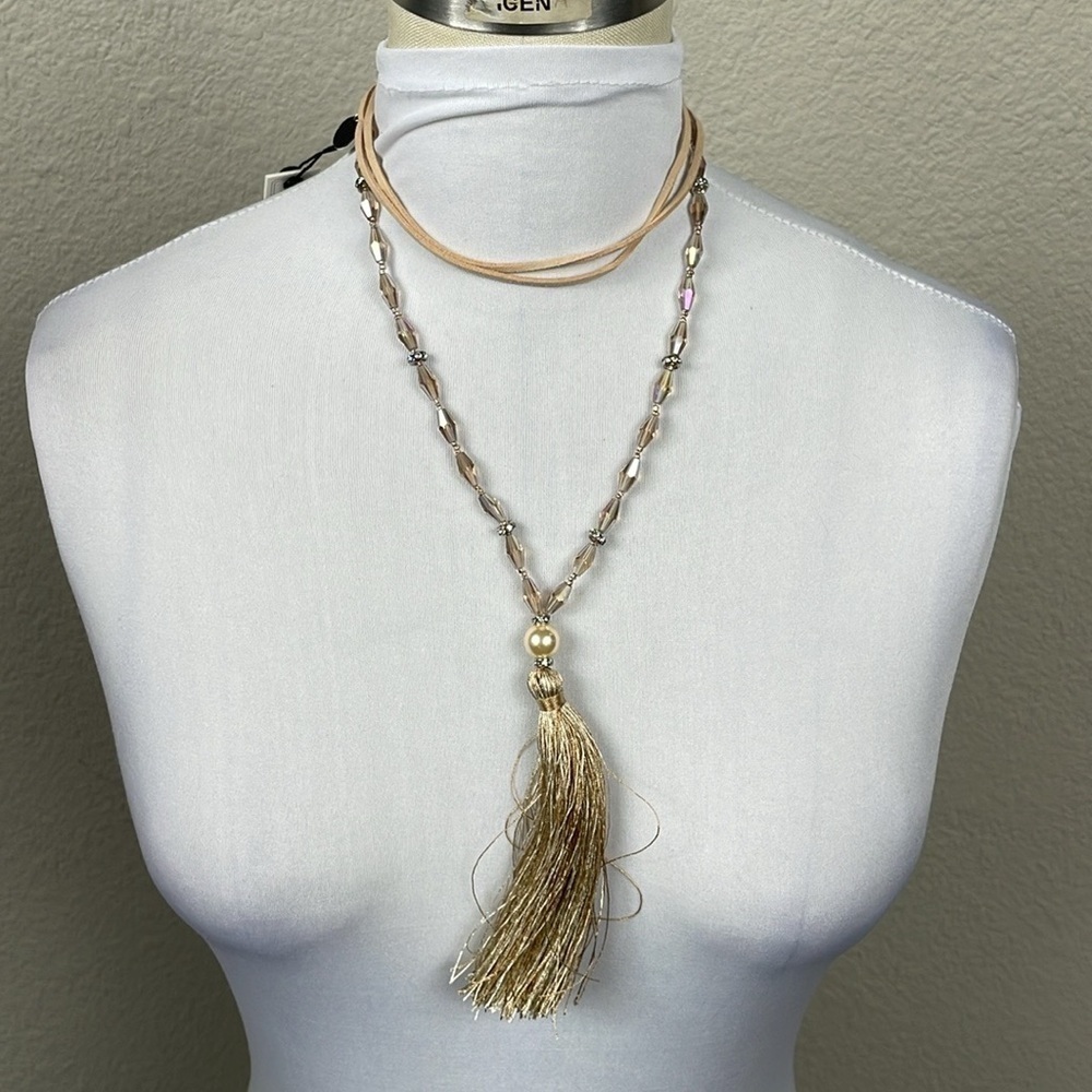 NWT Gold Cake Shop Boutique Long Strand Beaded Tassel Necklace